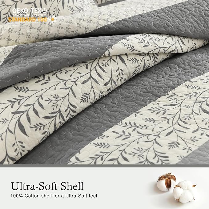 Stripe King Size Quilt - 100% Cotton Lightweight Quilt Bedding Set 3 Pieces, Vintage Vine Pattern Quilted Bedspread with 2 Pillow Shams, Farmhouse Printed Coverlet for All Season, Gray
