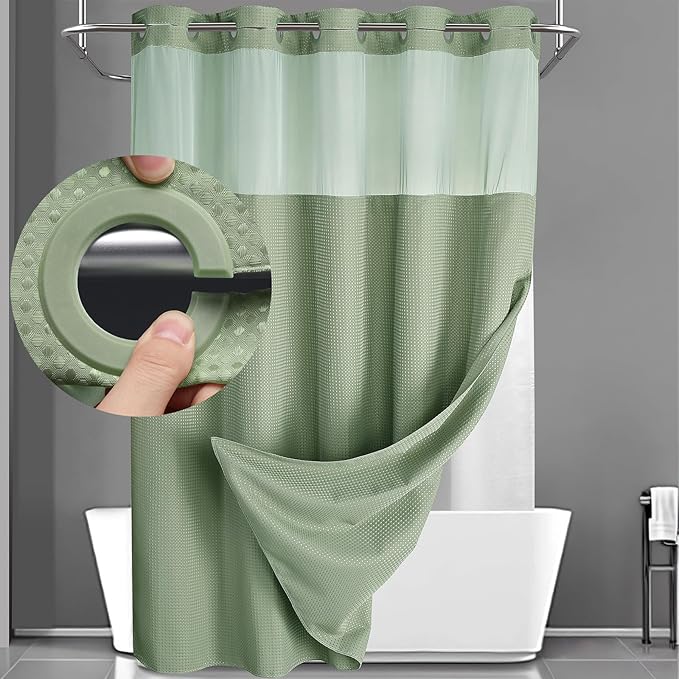 YellyHommy No Hook Shower Curtain with Snap in Liner Set Less Time Green Waffle Shower Curtain for Bathroom 75" L x 78" W