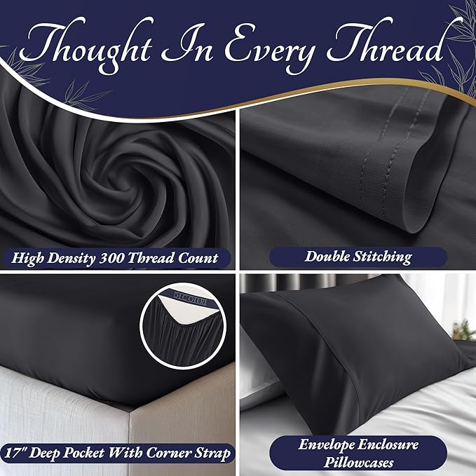 DECOLURE 100% Viscose Derived from Bamboo Sheets King Size 4pcs - Ultra Soft & Luxuriously Cooling, 17" Deep Pocket, Double Stitching, Perfect for Hot Sleepers - King Bed Sheets (Charcoal)
