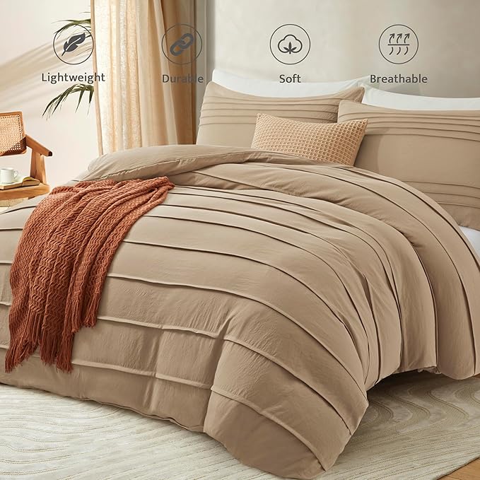 Oli Anderson Khaki Duvet Cover Queen Size - Pleated Queen Duvet Cover, 3PCS Soft and Breathable Textured Bedding Set with Zipper Closure(Khaki,90"x90")