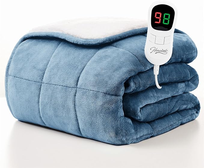 Homemate Heated Weighted Blanket for Adults - 62"x84" 15lbs Electric Throw Fast Heating Heavy Blanket 1/2/4/6/8 Hour Auto Off 10 Heat Levels Over-Heat Protection Soft Flannel Sherpa