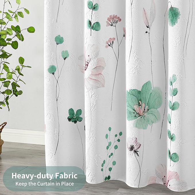 QiyI Extra Long Shower Curtain 72 x 84, Modern Watercolor Floral Bath Curtain, 3D Embossed Texture Sage Green Flower Cloth Bathroom Curtain, Waterproof Fabric Farmhouse Shower Curtain Set with Hooks