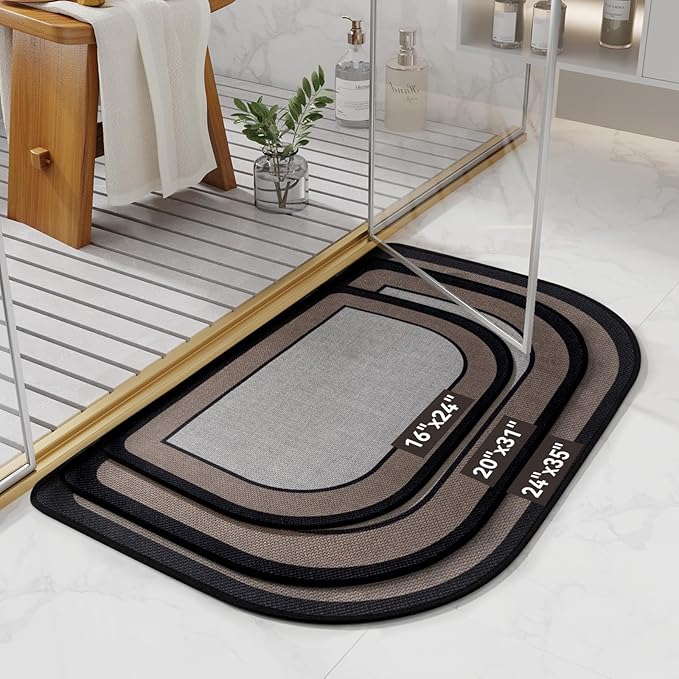 Half Circle Bath Mat,Thin Bathroom Rugs Fit Under Door Quick Dry Non Slip Washable Bathroom Mat with Rubber Backing,Absorbent Woven Half Round Shower Mat Rug,Gray Gray Brown