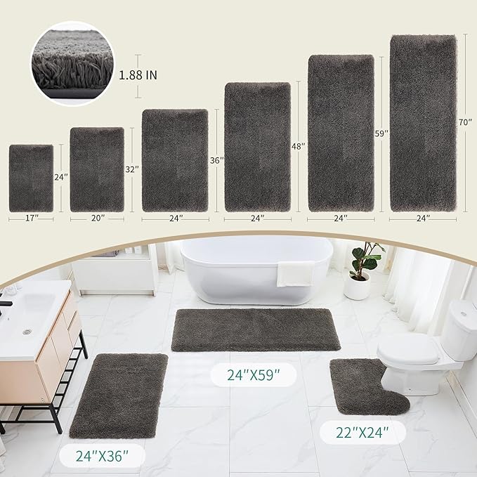 Bathroom Runner Rug 24x59 Dark Grey Non Slip Fluffy Long Bath Mat for Bathroom Floor Washable Plush Luxury Bath Rug for Tub Absorbent Shower Sink Mat Bedside Rug