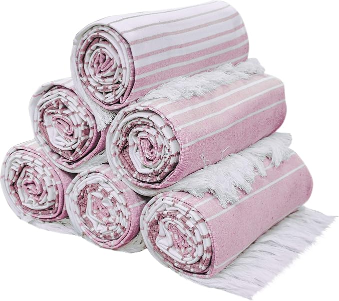 Native Fab Pink Stripe Beach Towels 6 Pack - 100% Cotton Turkish Towel - Oversize 40x71 Inches - Quick Dry, Soft, Sand Resistant Hammam Towels for Adults, Swim, Bath, Pool - Pink and White