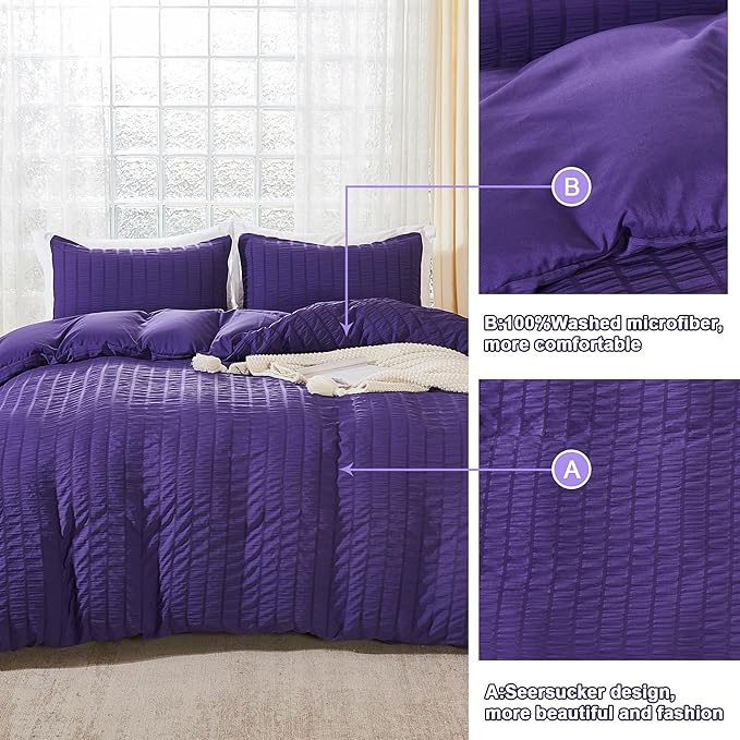AveLom Dark Purple Duvet Cover Full(80 x 90 inches), 3 Pieces (1 Duvet Cover, 2 Pillow Cases),Seersucker Tripe Soft Washed Microfiber Textured Duvet Cover Set with Zipper Closure, Corner Ties
