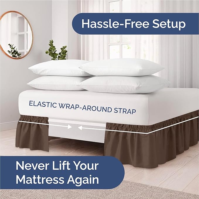 Wrap Around Dust Ruffle Bed Skirt - Brown - for King Size Beds with 12 Inch Drop - Easy Fit Elastic Strap - Adjustable Pleated Bedskirt w/Brushed Fabric - Wrinkle Free - for Women, Men, Kids & Teens