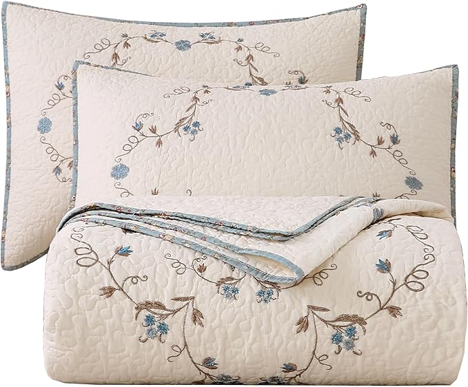 vctops 3-Piece 100% Cotton Bedspread Coverlet Set Twin Size Elegant Floral Embroidered Reversible Patchwork 1 Quilt and 2 Pillow Shams (Flower B,Twin)