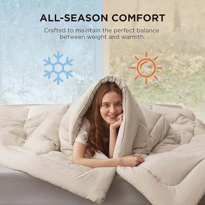 Bedsure Comforter Duvet Insert - Quilted Comforters Full Size, All Season Duvet, GentleSoft Down Alternative Bedding, with 8 Tabs, Gifts for Women/Men, Linen, Full 86 x 82 Inches