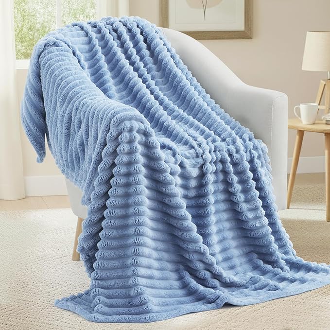 decorUhome Christmas Soft Fleece Blue Grey Twin Blanket for Bed, Cozy Fluffy Plush Flannel Striped Throws for Couch Sofa, Lightweight Decorative Ribbed Fuzzy Blanket for Woman, 60x80 Inches