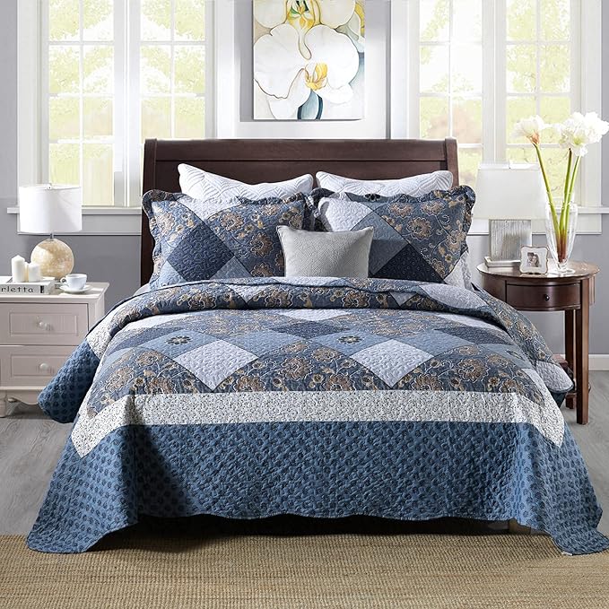 ENJOHOS Navy Blue Plaid Floral Quilt Set King Size 98"x106", 3 Pcs Boho Bedspread Coverlet Set for All Season, Patchwork Reversible Bedding Set King