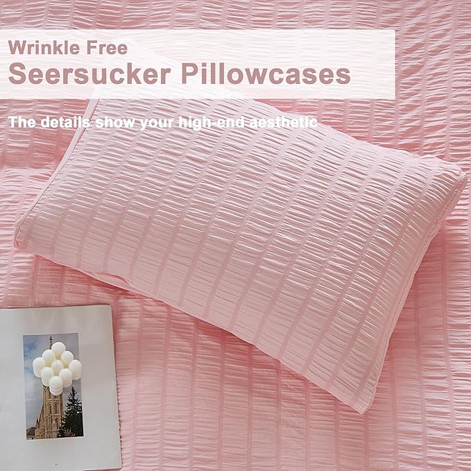 AveLom Blush Pink Seersucker Duvet Cover Set King Size (104 x 90 inches), 3 Pieces (1 Duvet Cover + 2 Pillow Cases), Ultra Soft Washed Microfiber, Textured Duvet Cover with Zipper Closure, Corner Ties