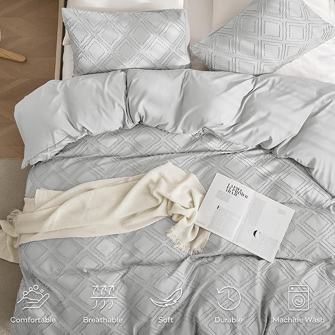 JELLYMONI Duvet Cover Full Size Light Grey - 3PCS Boho Duvet Cover Set Plaid Polyester Tufted Bohemian Jacquard Knit Textured Comforter Cover 80×90in Rhombic Geometric Pattern Corner Ties & Zipper