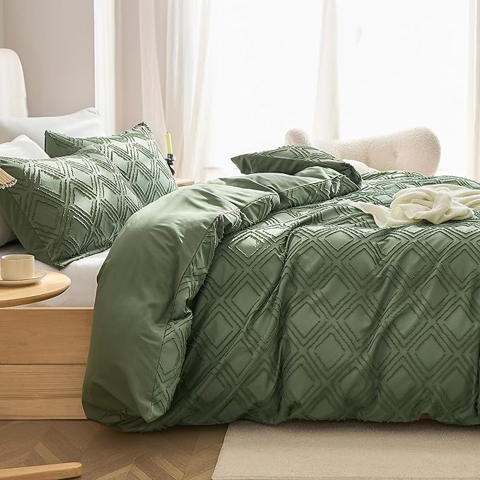 JELLYMONI Duvet Cover Super Queen Size Green - 3PCS Boho Duvet Cover Set Plaid Polyester Tufted Bohemian Jacquard Knit Textured Comforter Cover 98×90in Rhombic Geometric Pattern Zipper Corner Tie