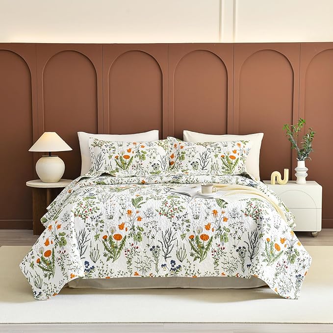 Lady Ann Oversized King Bedspreads 128x120,100% Cotton Floral Quilt Coverlet California King Size Extra Large Yellow Flowers & Leaves Pattern Plant Botanical Printed Lightweight Bedding Set, 3Pcs