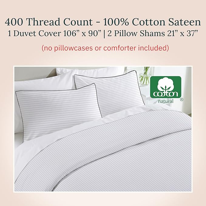 California Design Den 3-Pc King Size Duvet Cover Set, 400 Thread Count 100% Cotton Sateen, Soft Luxury Sateen Weave Comforter Cover and 2 Pillow Shams, Button Closure and Corner Ties (Pinstripe, King)