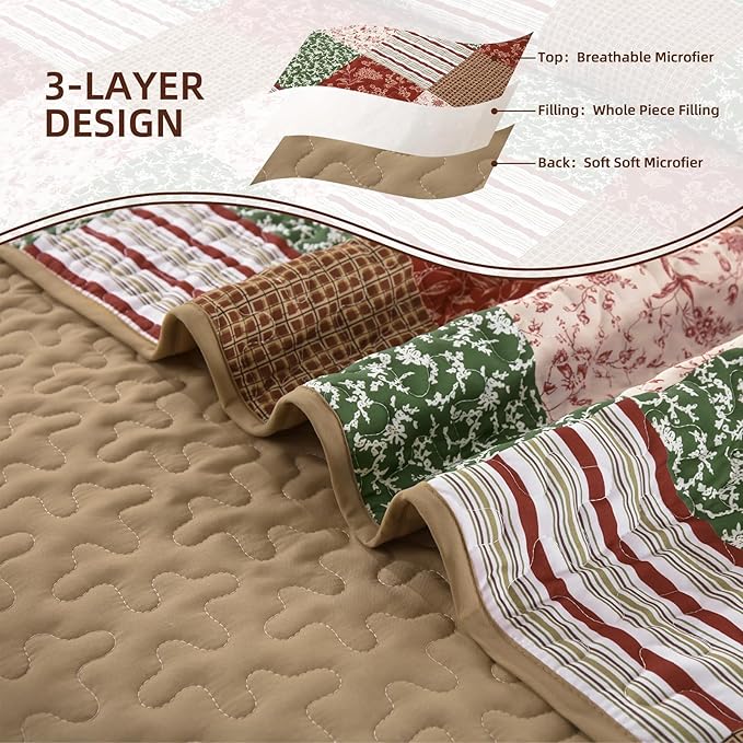 Mybedsoul Christmas Quilt Set Queen Size, 3 Pieces Red Green Floral Plaid Bedspread Coverlet Set, Reversible Soft Microfiber Bedding Set for All Season, Fall Winter Queen Christmas 90"x96"