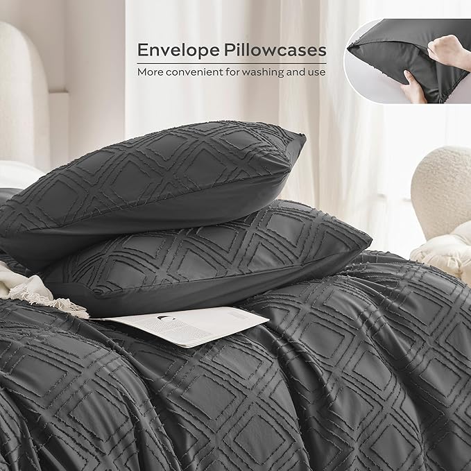 JELLYMONI Duvet Cover Full Size Dark Grey - 3PCS Boho Duvet Cover Set Plaid Polyester Tufted Bohemian Jacquard Knit Textured Comforter Cover 80×90in Rhombic Geometric Pattern Corner Ties & Zipper