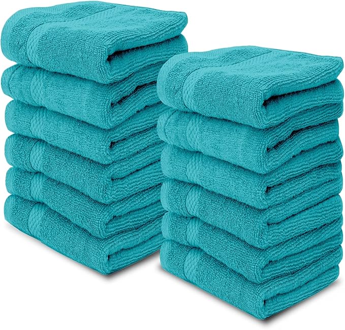 White Classic Luxury Cotton Washcloths 13x13 Inch - 650 GSM Turkish Cotton | Hotel, Spa, Bathroom Face Towel | 12 Pack, Aqua