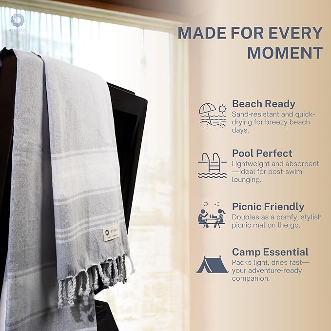 Cotton Turkish Beach Towel Towels Oversized 36"x72" Pool Absorbent Extra Large Quick Dry Sand Travel Towel (Light Grey, 2 Pack)