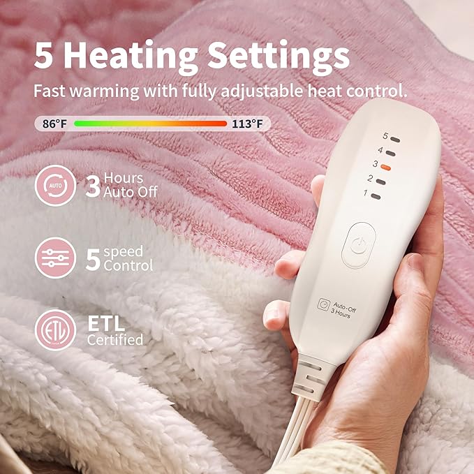 Heated Blanket Electric Blanket Throw 50”X60”-Heating Throw with 5 Heat Settings-3 Hours Auto Off,ETL Certified,Machine Washable (Pink)