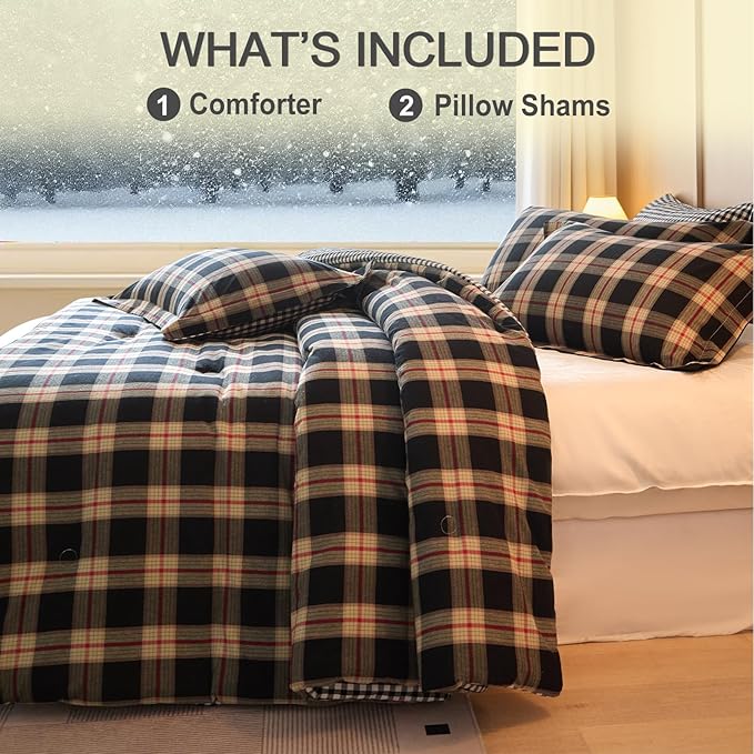 100% Cotton Comforter Set Full Size – Reversible Yarn-Dyed Checkered Design, Soft Washed Cotton on Both Sides, Lightweight All-Season Bedding, Machine Washable(Black Red Plaid, 80”x90”)