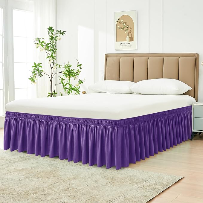 Biscaynebay Wrap Around Bed Skirts for Twin & Twin XL Beds 15" Drop, Purple Adjustable Elastic Dust Ruffles Easy Fit Wrinkle & Fade Resistant Silky Luxurious Fabric Machine Washable