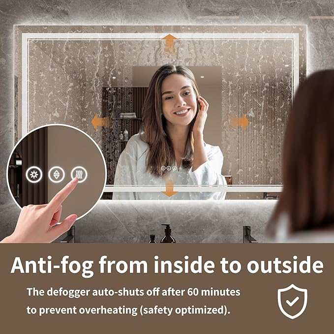 Bathroom Mirror with Lights 36"X60" with Front Light and Backlit, Tempered Glass, Wall Mount Horizontal/Vertical, Stepless Dimmable, 3 Colors, Anti Fog, Bathroom Memory LED Mirror