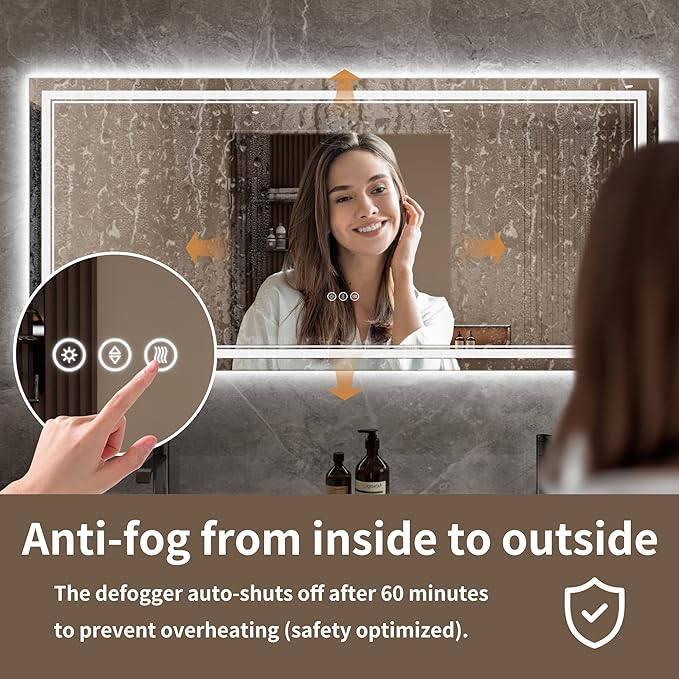 Bathroom Mirror with Lights 28"X60" with Front Light and Backlit, Tempered Glass, Wall Mount Horizontal/Vertical, Stepless Dimmable, 3 Colors, Anti Fog, Bathroom Memory LED Mirror