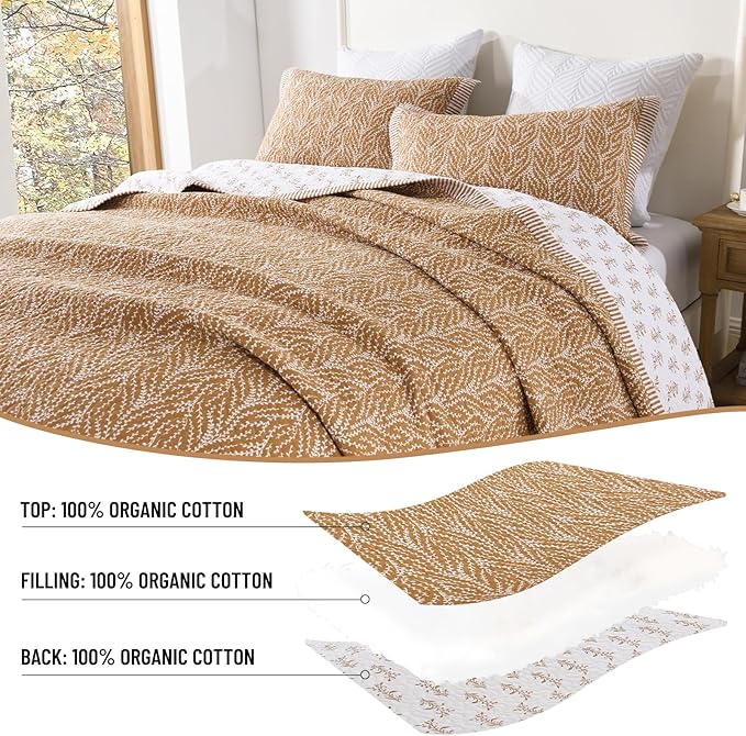 Quilt Set King Size - 100% Cotton Floral Reversible Bedspread Bedding Set, Lightweight Bed Quilts Botanical Pattern Comforter Cover with 2 Pillow Shams, 3-Piece All Season, Orange, 98x106