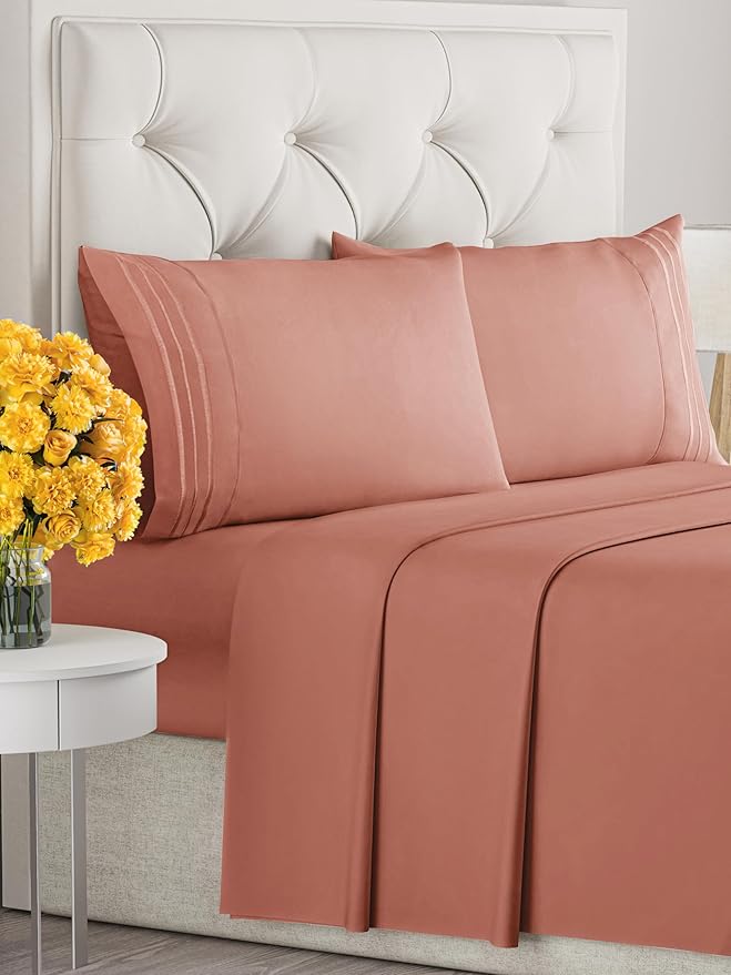 Cal King Size 4 Piece Sheet Set - Extra Soft, Breathable & Cooling - Hotel Luxury Durable Bed Sheets for Women & Men - Deep Pockets, Easy-Fit & Wrinkle-Free - Warm Peach Oeko-Tex