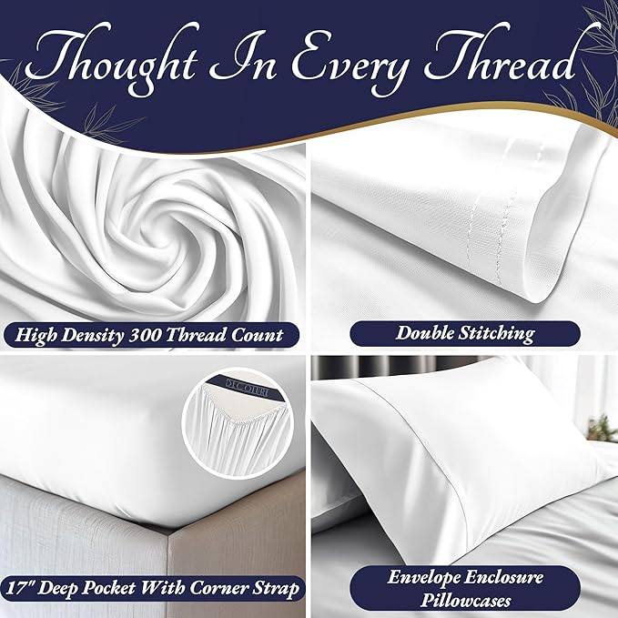 DECOLURE 100% Viscose Derived from Bamboo Sheets Queen Size 4pcs - Ultra Soft & Luxuriously Cooling, 17" Deep Pocket, Double Stitching, Perfect for Hot Sleepers - Queen Bed Sheets (White)