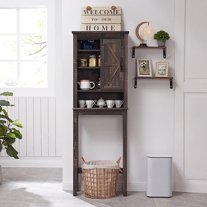 RedLemon Farmhouse Over The Toilet Storage Cabinet, 68" Tall with Sliding Barn Doors & Adjustable Shelves, Rustic Above Toilet Storage Cabinet, Dark Rustic Oak