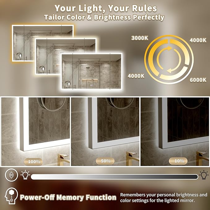 60x36 Trifold Bathroom Mirror with Lights with Removable Magnifier, 180° Foldable LED Mirror for Bathroom, Front&Backlit, Wall Mounted, Stepless Dimming, Color Temper Change, Anti Fog