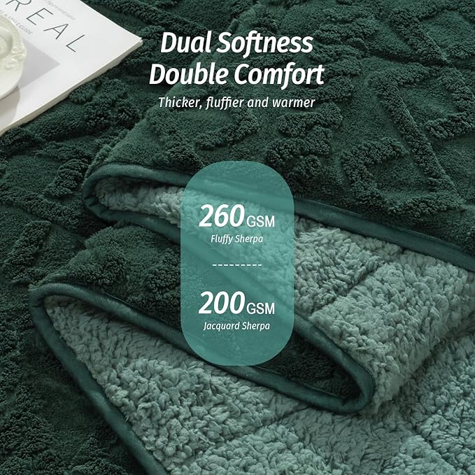 Wemore Weighted Blanket for Adults Twin Size 15 lbs, Dual Sided Soft Fuzzy Jacquard Sherpa Weighted Blankets for Sleeping, Cozy Fluffy Knitted Heavy Blanket for Couch Bed, Dark Green, 60 x 80 inches