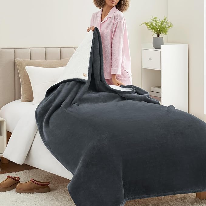 UGG Ariana Twin/Twin XL Blanket Fleece Fluffy Reversible Soft Fuzzy Bedding Cozy Big Plush Warm Oversized Bed Blanket Machine Washable Bedroom Decor for Dorm or Bed, 60-inch x 90-inch, Charcoal Grey
