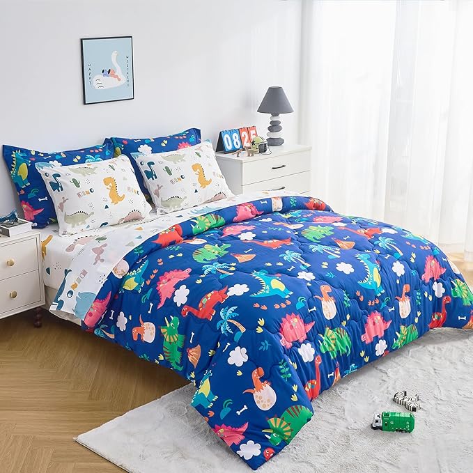 Wajade 7 Piece Kid Boys Dinosaur Comforter Set Queen Size 3D Blue Dinosaur Wild Park Jungle Print Bedding Set with Comforter, Sheet Set, Pillowcase and Sham