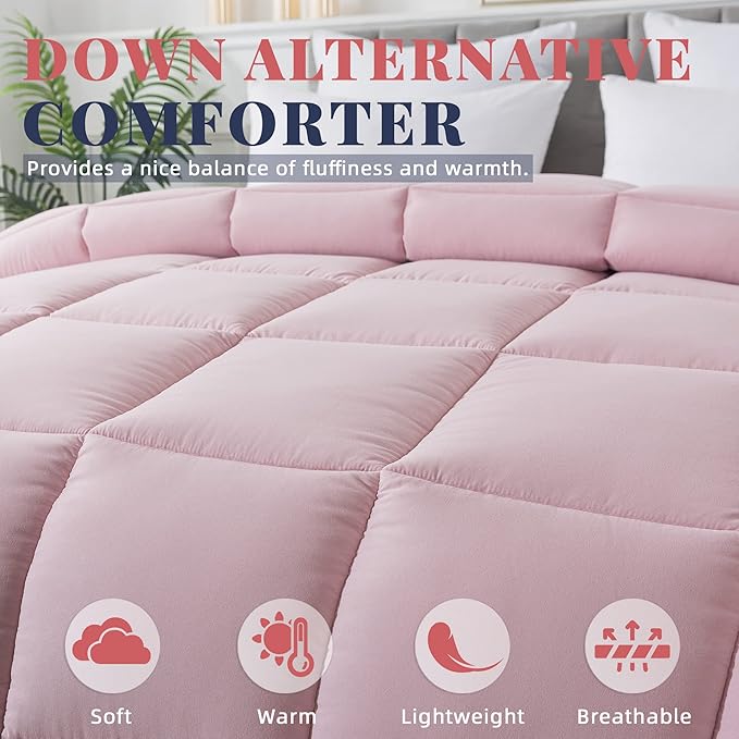 Cosybay Down Alternative Comforter (Pink/Light Grey, Twin) - All Season Soft Quilted Twin Size Bed Comforter - Duvet Insert with Corner Tabs - Winter Summer Warm Fluffy, 64x88 inches