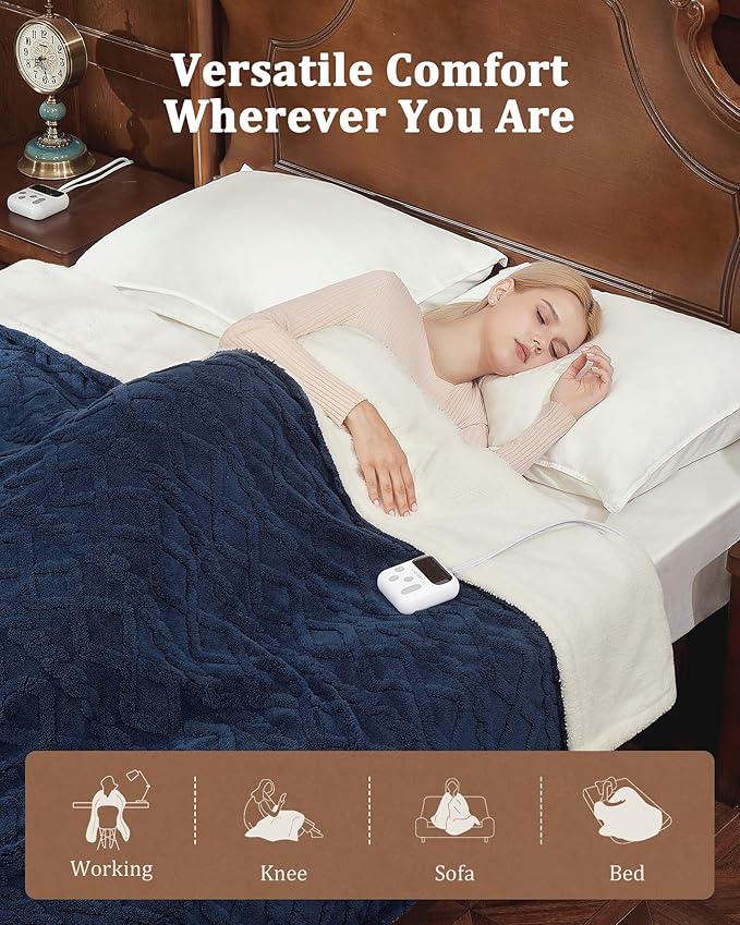 CAROMIO Electric Blanket King Size Dual Control - Thick Tufted Sherpa Heated Blanket King with 10 Heating Levels and 10 Time Settings, ETL Certified Fast Heating Blanket King Size 90"×100", Navy Blue