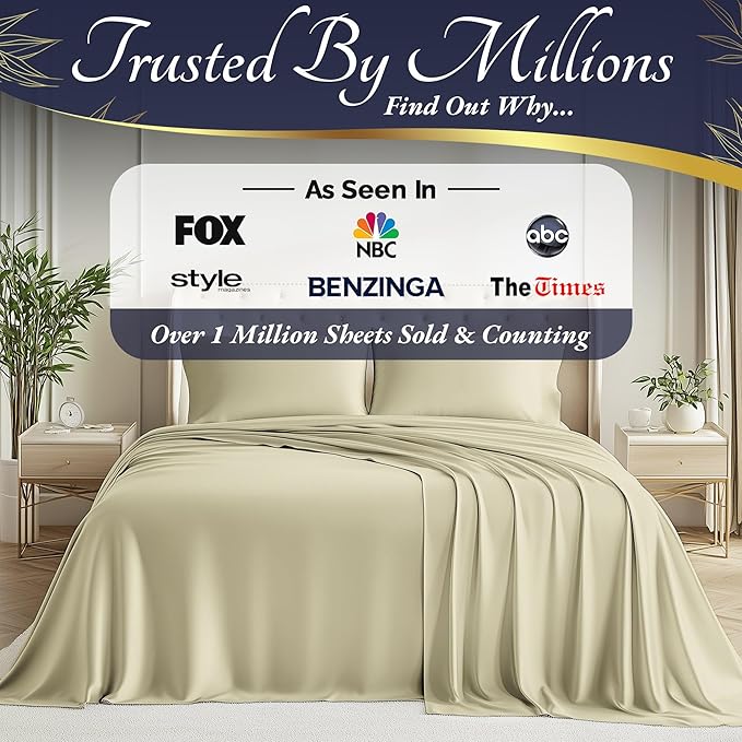 DECOLURE 100% Viscose Derived from Bamboo Sheets Full Size 4pcs - Ultra Soft & Luxuriously Cooling, 17" Deep Pocket, Double Stitching, Perfect for Hot Sleepers - Full Bed Sheets (Creme)