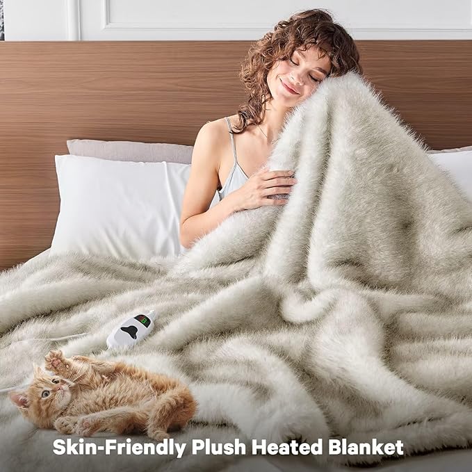 Heated Electric Blanket Twin, Octrot 60"X80" Faux Fur Heating Blanket Luxury Christmas Gifts Heavy Plush with 10 Heats Levels & 8 Hours Auto Off,Super Cozy Warm Fuzzy,Fluffy Decor Winter Warming,Beige