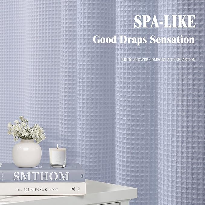Waffle Weave Shower Curtain - Misty Blue Cotton Fabric Texture Heavyweight Shower Curtain for Bathroom,Washable,72Wx75L