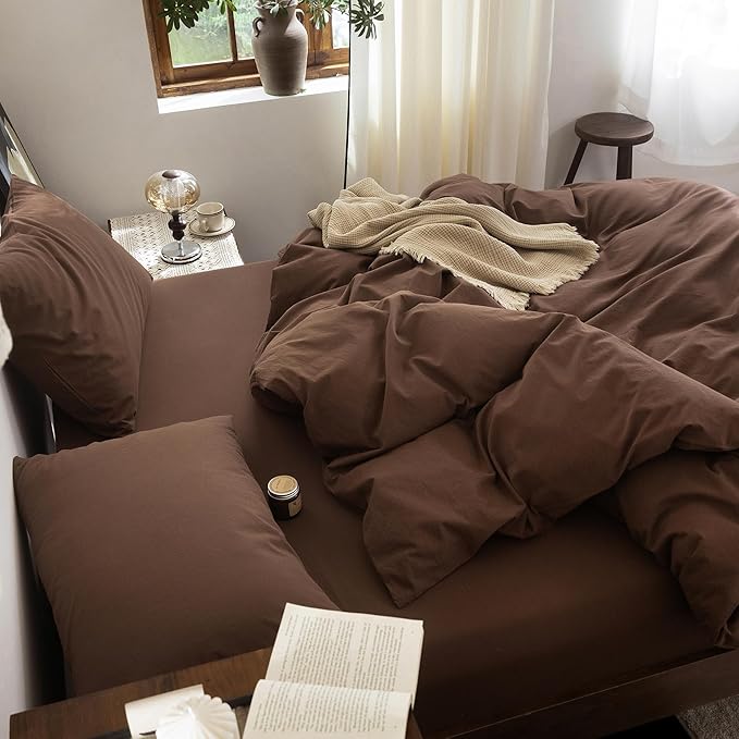FOSSA Duvet Cover Set 100% Washed Cotton Linen Feel Super Soft Breathable Cozy 3 Pieces Bedding Sets Solid Cocoa Brown Oversized Queen