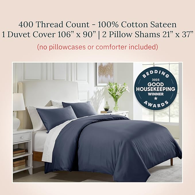California Design Den 3 Pc Duvet Cover Set - Winner Good Housekeeping Best Bedding Awards 2025, 400 Thread Count Sateen, 100% Cotton Cooling Duvet Cover, Button Closure,Corner Ties - Indigo Dusty Blue