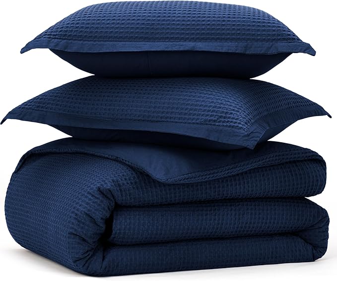 Bedsure Cotton Duvet Cover Set - 100% Cotton Waffle Weave Navy Duvet Cover California King, GentleSoft™ and Breathable Cal King Bedding Set for All Season, 3 Pieces, 104"x98"