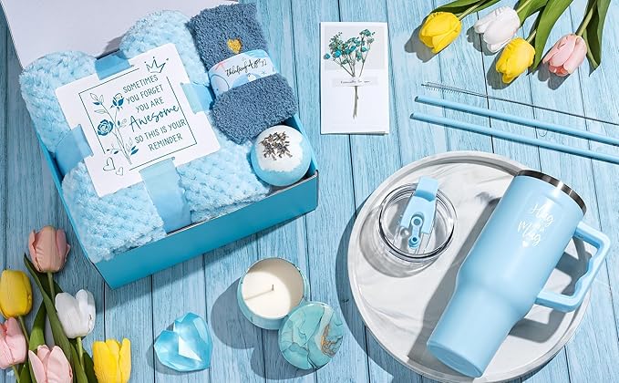 Birthday Gifts for Women Self Care Gifts Get Well Soon Gifts, Ocean Relaxing Spa Gifts Basket Care Package w/ Flannel Blanket 40 OZ Tumbler, Christmas Gifts for Mom Wife Grandma Friends Sisters Her