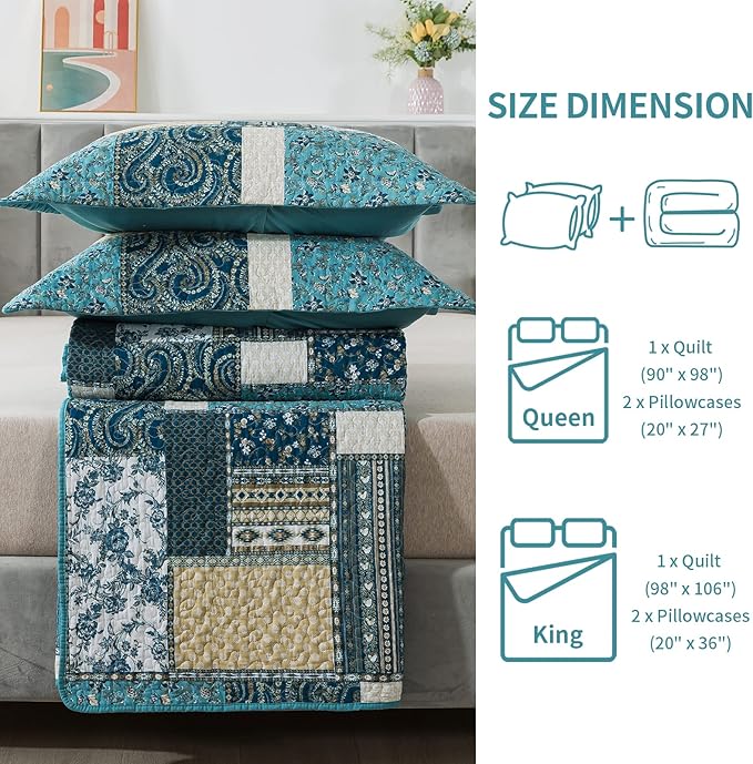 BEDIFANY Cotton Queen Size Quilt Sets, Lightweight Bedspread Queen Size Coverlet Boho Queen Quilt, Soft Farmhouse Queen Quilt Bedding Sets for Bed Decorations for All Seasons (3 Pieces, Blue)
