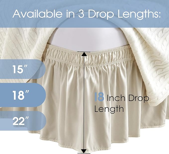FreshCulture Twin Bed Skirt, Elastic Wrap Around Bed Skirt Twin Size, Bed Skirts for Adjustable Bed, Easy Fit with 18 Inch Drop Length, Hotel Quality Dust Ruffle for Twin Bed (Cream)