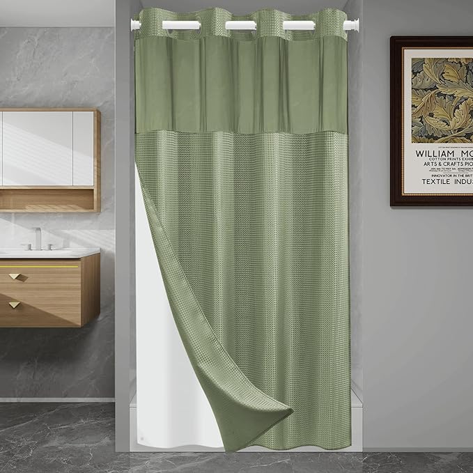 No Hook Shower Curtain with Snap in Liner Set Waffle Shower Curtain for Bathroom Hotel Style Fabric Waterproof Inner Liner，54" W x 80" H, Green