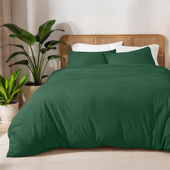 Bare Home 100% Organic Cotton Jersey Duvet Cover Set - Cal King Size - Ultra Soft - 3pc - Corner Ties - Button Closure - Bed Duvet Cover & Pillow Shams (Cal King, Forest Green)